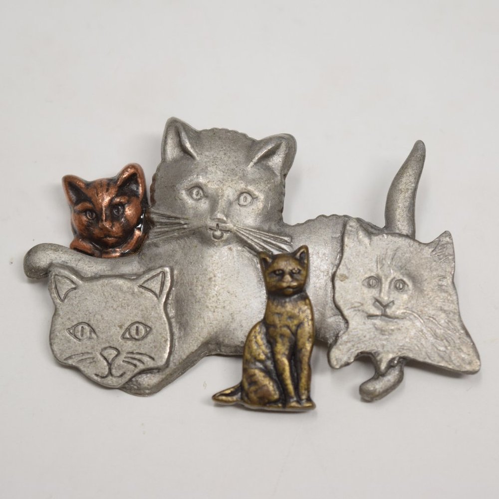 Vintage Cat Collage Brooch Mixed Metal Kitten Kitty Pin